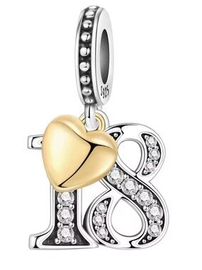 Pandora Two-Tone '18' Charm with Gold Heart and Clear Crystals